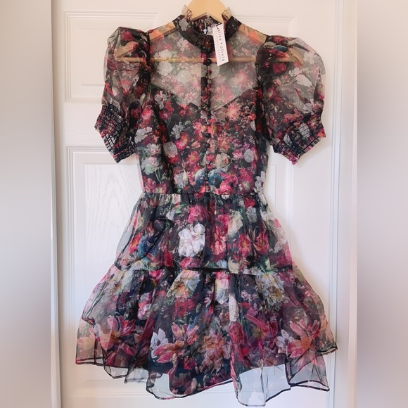 NWT $595 Alice + Olivia Vernita Silk Puff Sleeve Mini Dress - Picture 6 of 8